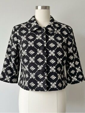 Y2K Black Suede Cropped Jacket Blazer White Embroidery Wendy Hil Size M